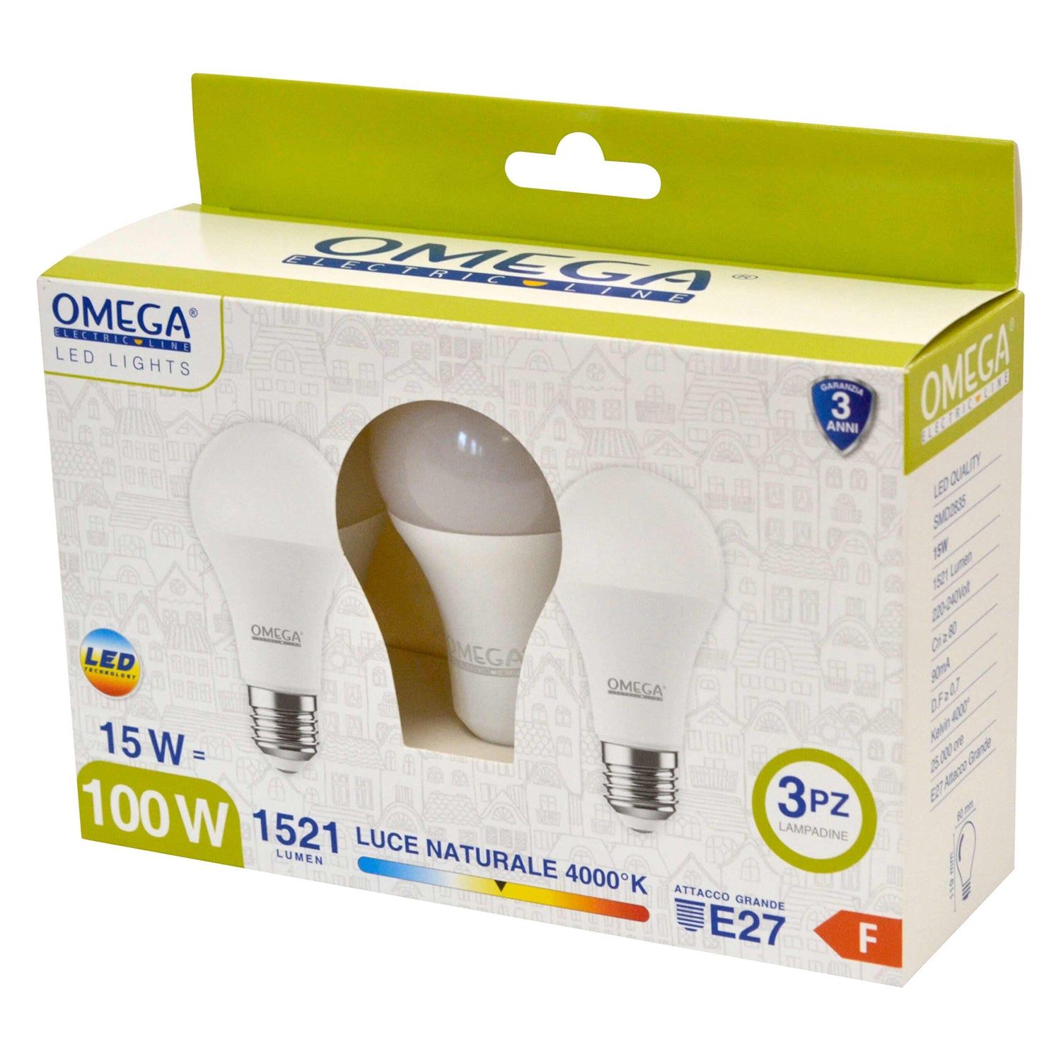 OMEGA - Set 3 Lampadine LED a goccia 15 Watt E27 4000K - Luce Naturale, Basso Consumo, Alta Luminosità