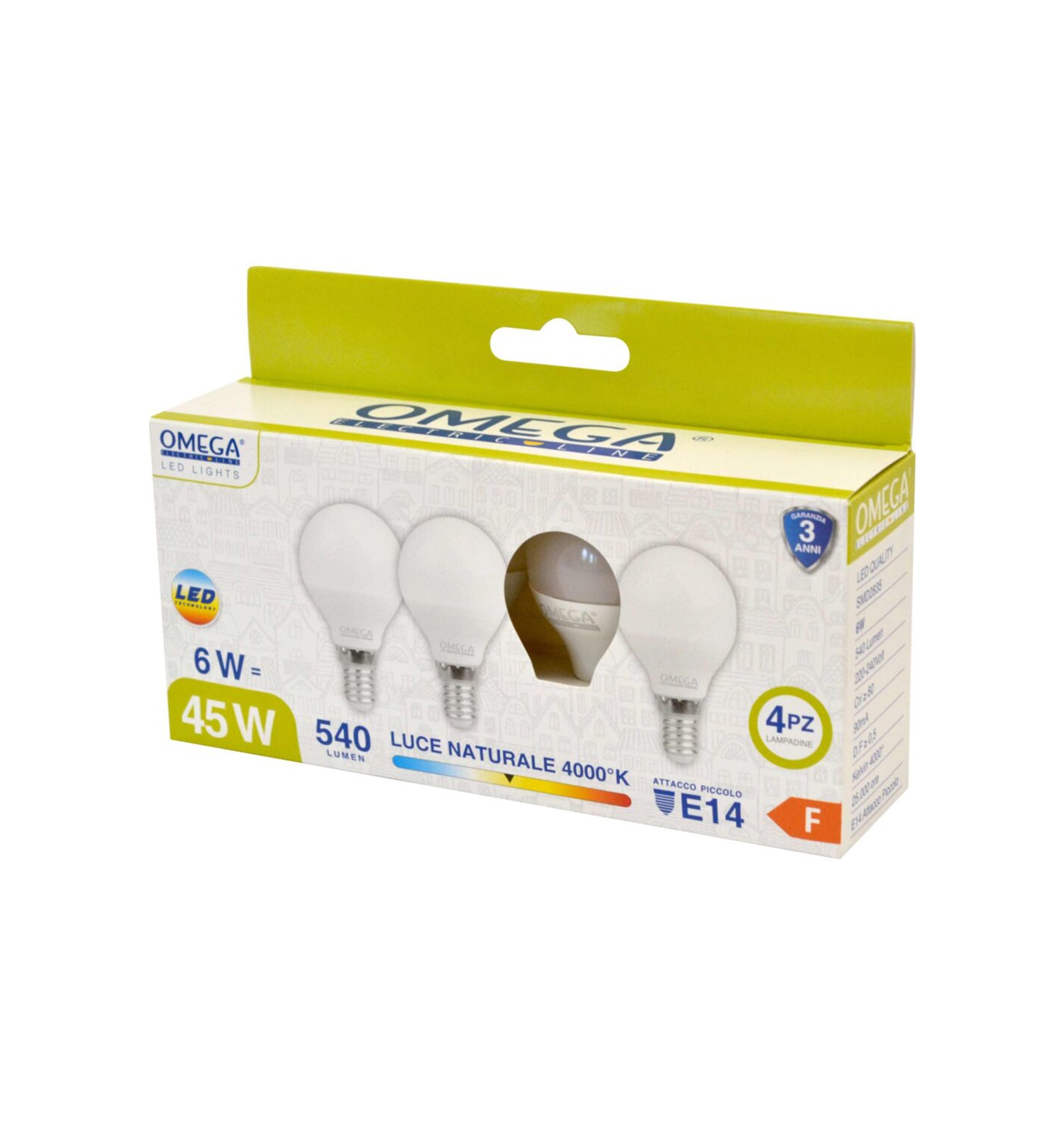 OMEGA - Set 4 Lampadine LED a Sfera 6 Watt E14 4000K - Luce Naturale, Basso Consumo, Alta Luminosità
