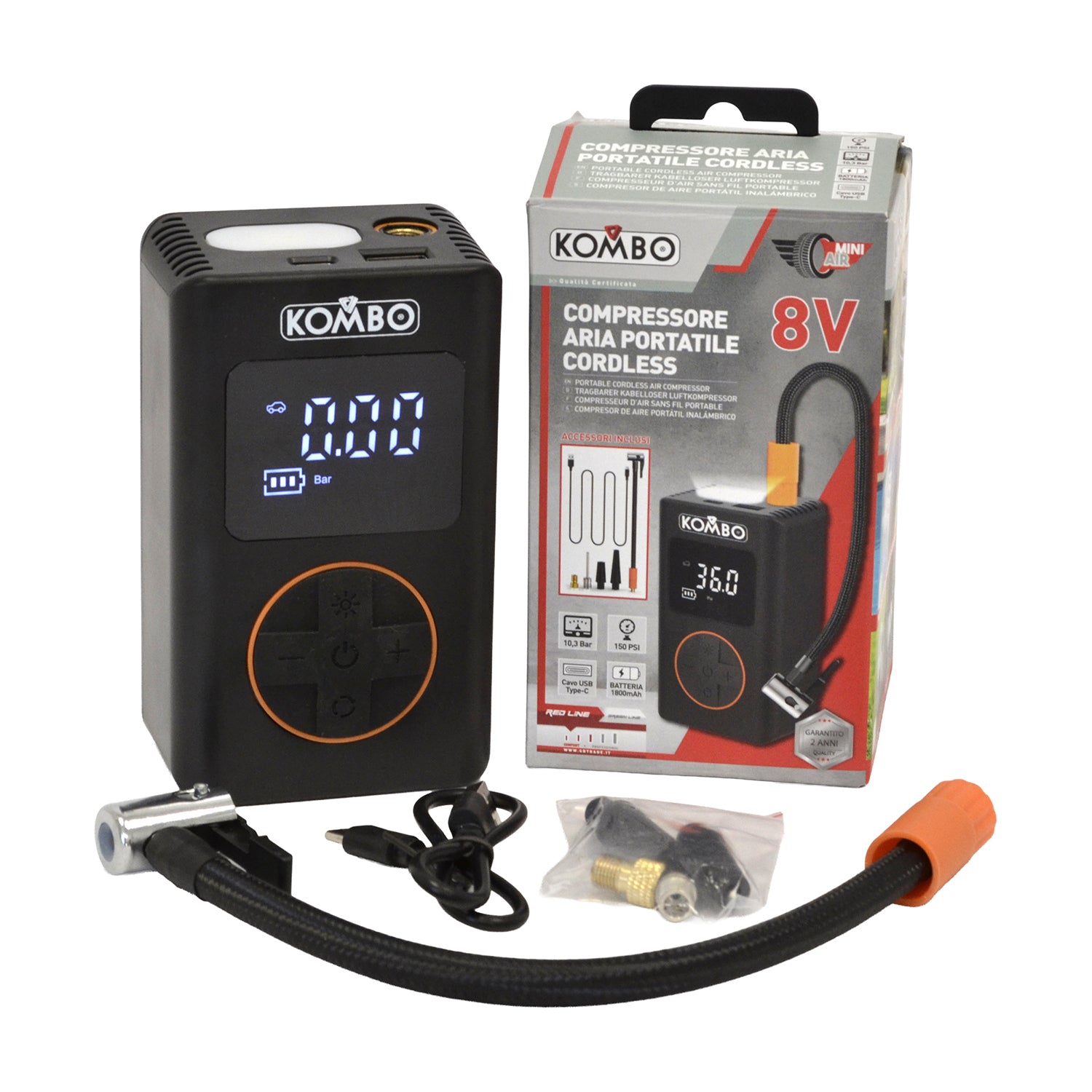 KOMBO - Compressore Aria Portatile Cordless 8V con Display Digitale