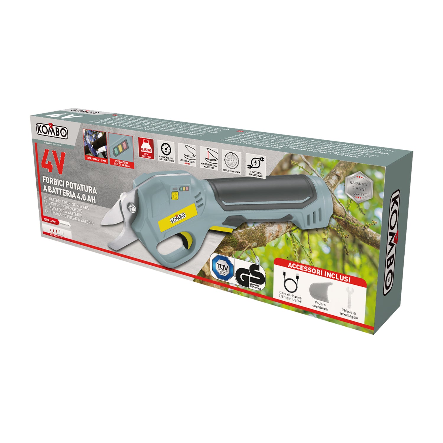 KOMBO - Forbici Potatura a Batteria 4V 4.0Ah Taglio 12 mm