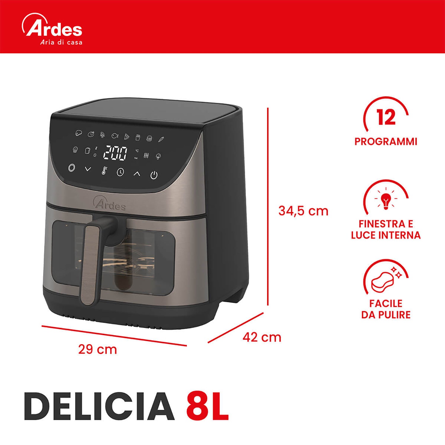 ARDES - Friggitrice ad Aria Digitale Delicia 8 Litri 1700 Watt