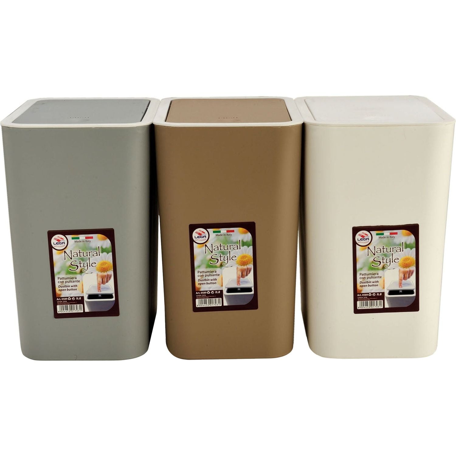 LEGA - Pattumiera con Coperchio Push 8 litri Linea Natural Style - h25x22x15,5 cm