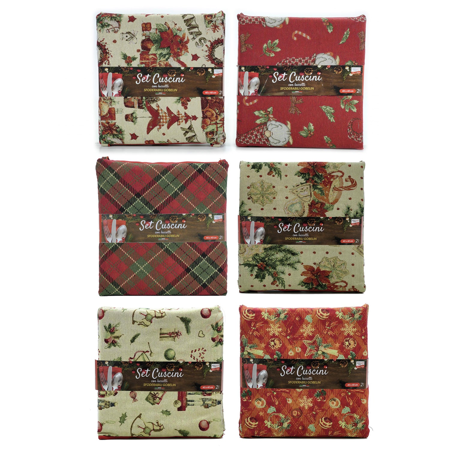 VESTIAMO CASA GRAN NATALE - Set 2 Cuscini Natalizi Gobelin Sfoderabili con Laccetti 40x40 cm