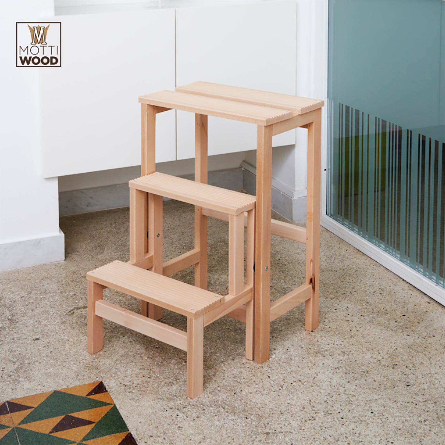 MOTTINOX - Sgabello con ribalta in Legno di Faggio 3 Gradini Naturale Linea MottiWood