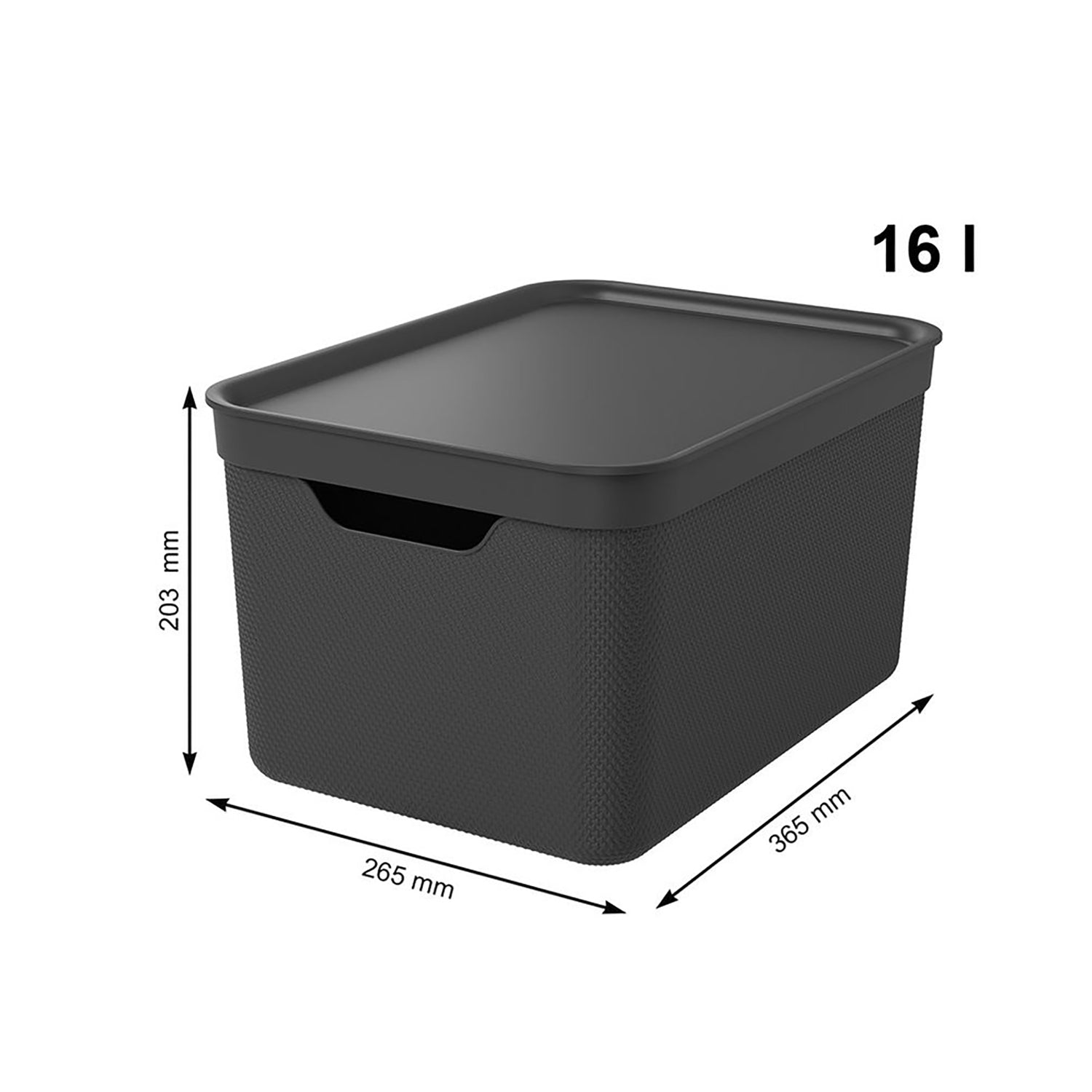 ROTHO - Contenitore Decobox Jive Effetto Tessuto Nero con Coperchio Nero 16 Litri - h20,3x36,5x26,5 cm