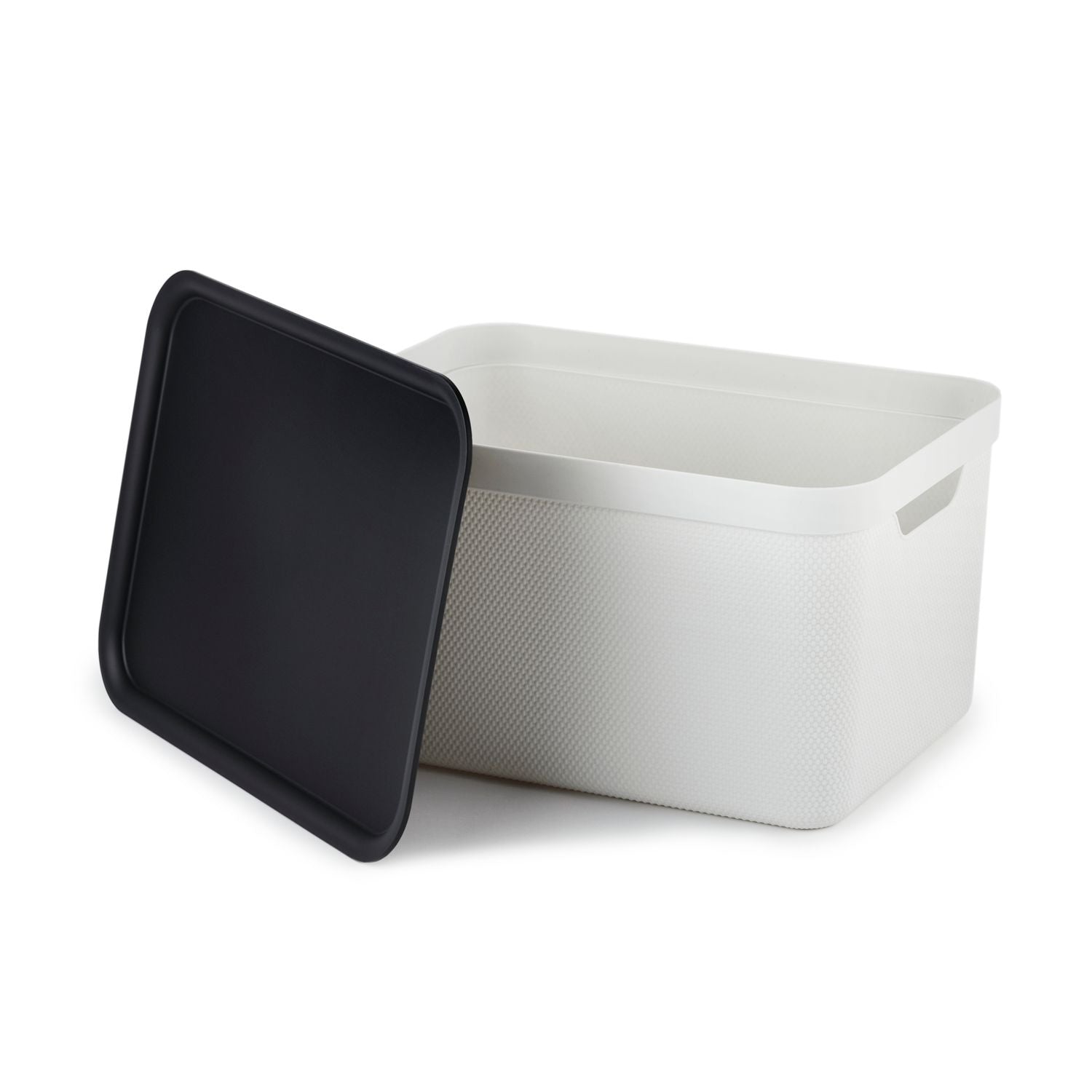 ROTHO - Contenitore Decobox Jive Effetto Tessuto Bianco con Coperchio Nero 16 Litri - h20,3x36,5x26,5 cm