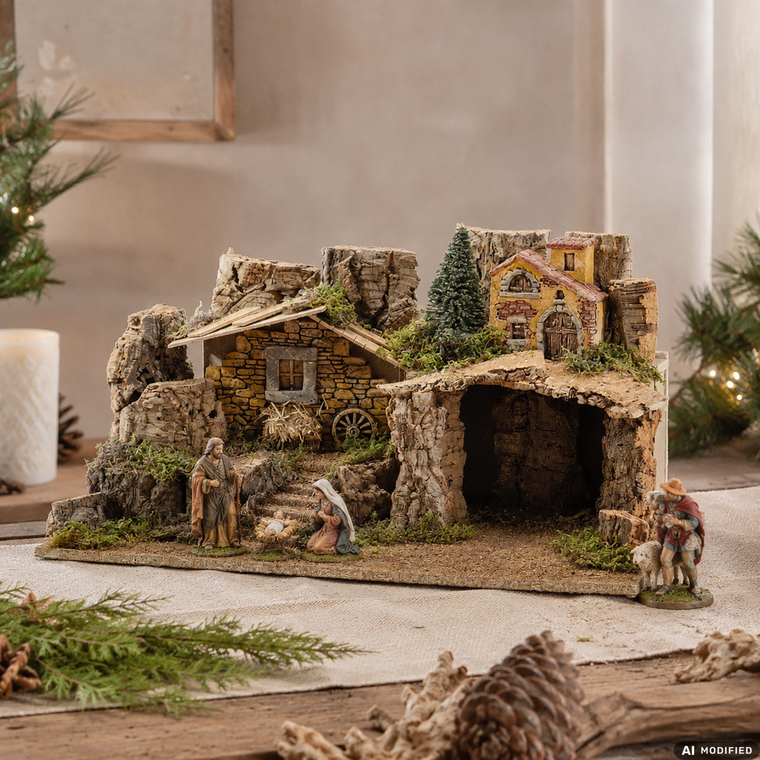 VESTIAMO CASA GRAN NATALE - Ambientazione Presepe Artigianale in Sughero e Legno h30x54x34 cm