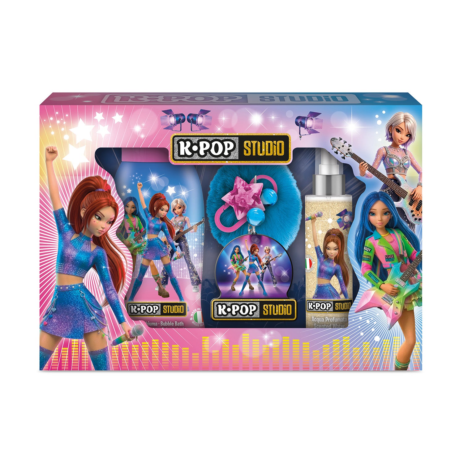 SODICO - Set Regalo K-Pop Studio Charms 3 Pezzi - Con Bagnoschiuma 250 ml, Acqua Profumata Glitterata 100 ml e Portachiavi Pon Pon