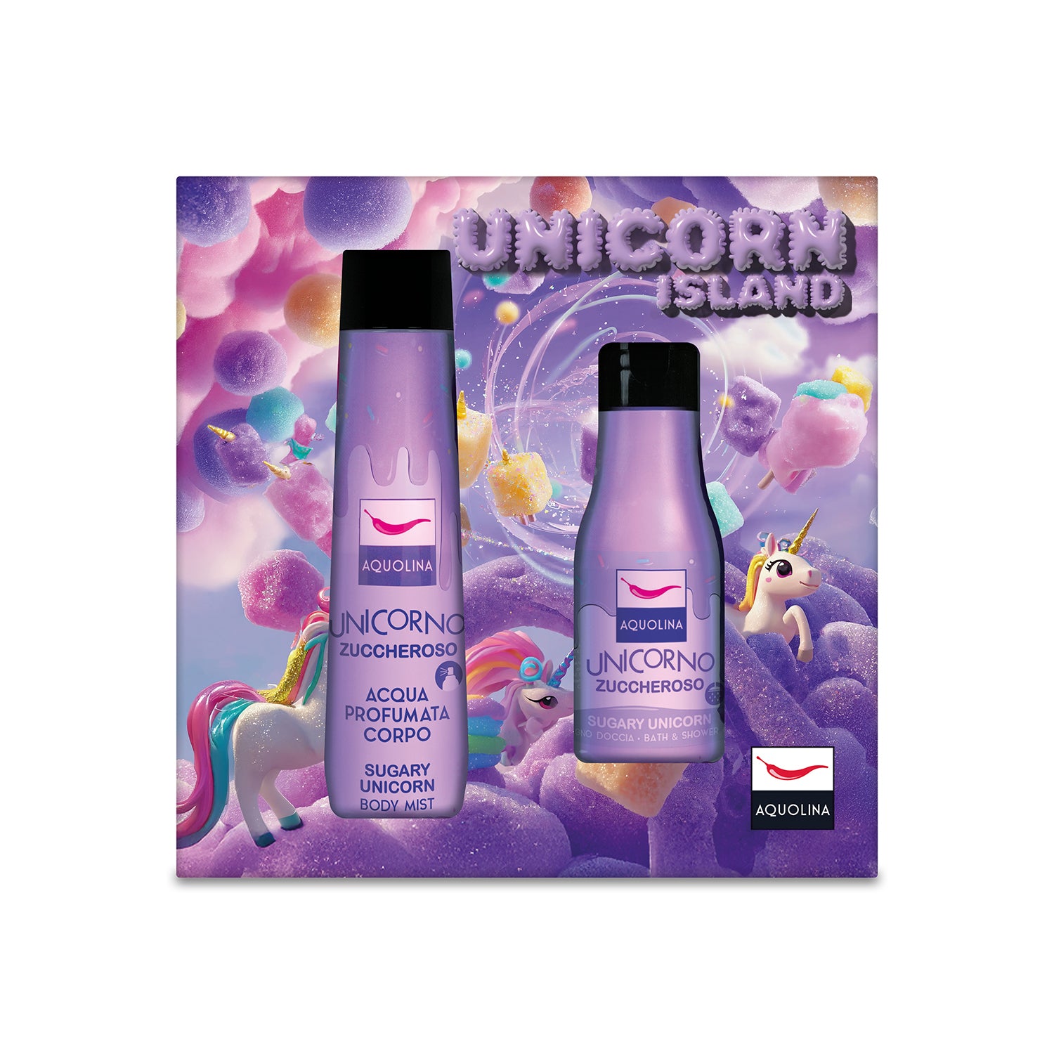 AQUOLINA - Set Corpo Unicorno Zuccheroso - Acqua Profumata & Bagnodoccia Unicorn Island Edition