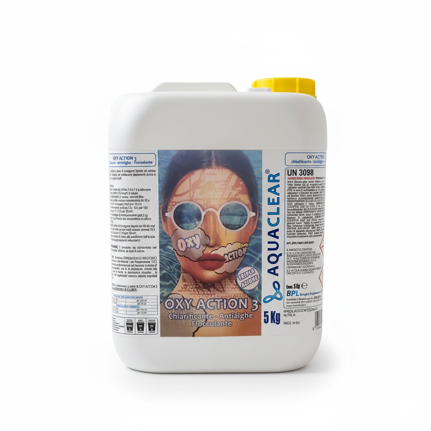AQUACLEAR - Trattamento Piscina OXY ACTION 3 Tripla Azione 5Kg - Chiarificante, Antialghe e Flocculante