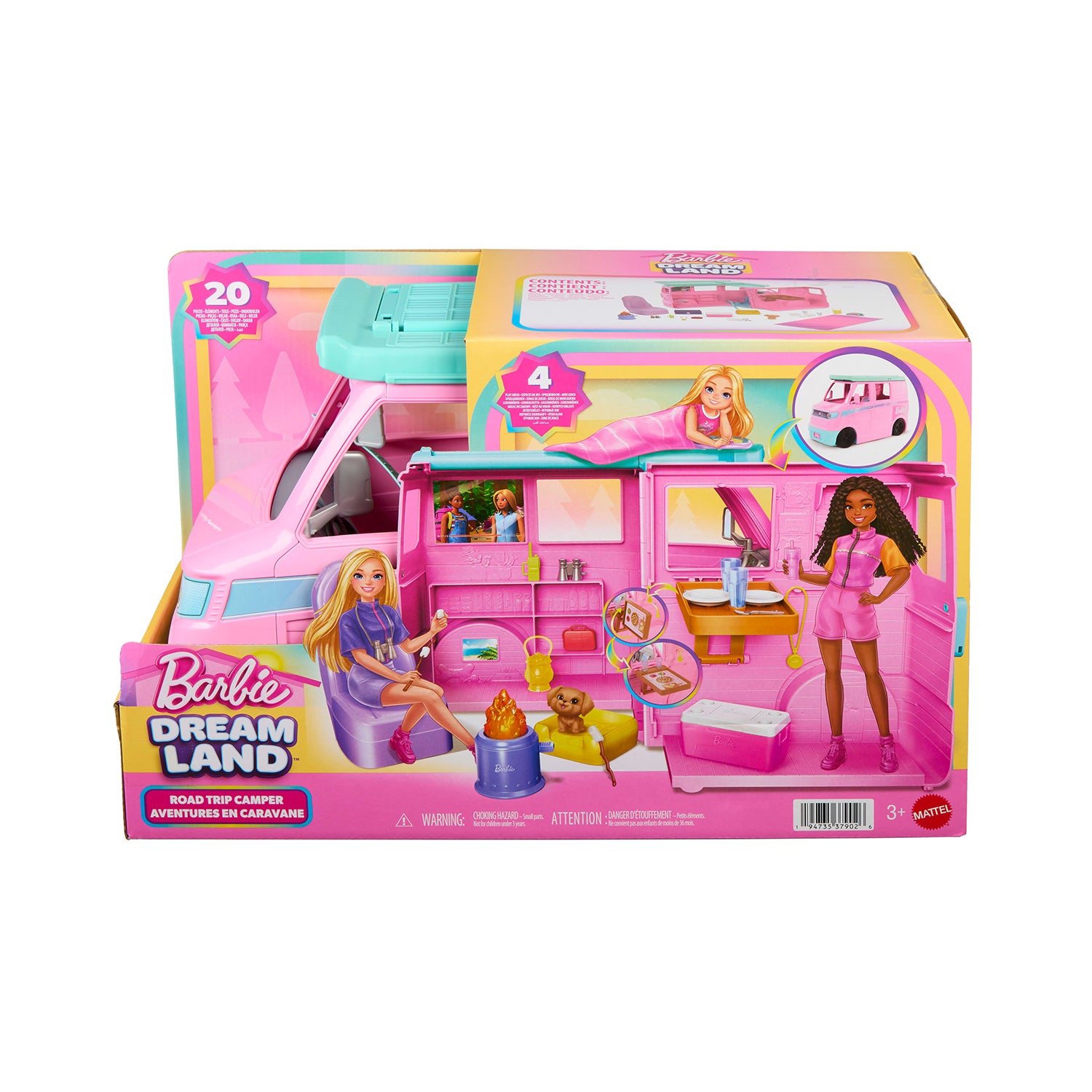 MATTEL - Barbie Dream Land Road Trip Camper Playset Camper con 20 Accessori 3+ Anni