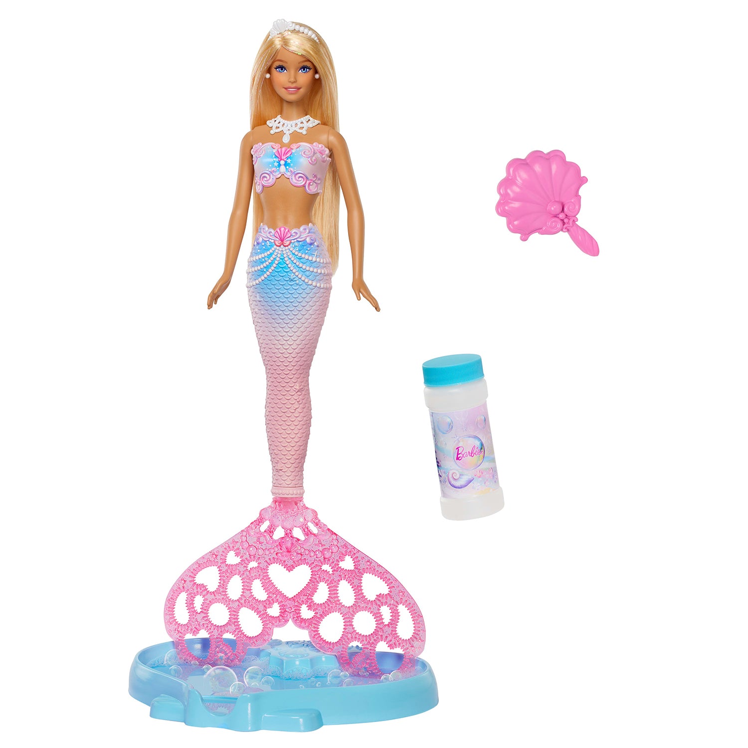 MATTEL - Barbie Sirenetta Bolle di Sapone con Funzione per Creare Bolle - Include Soluzione per Bolle e Spazzola