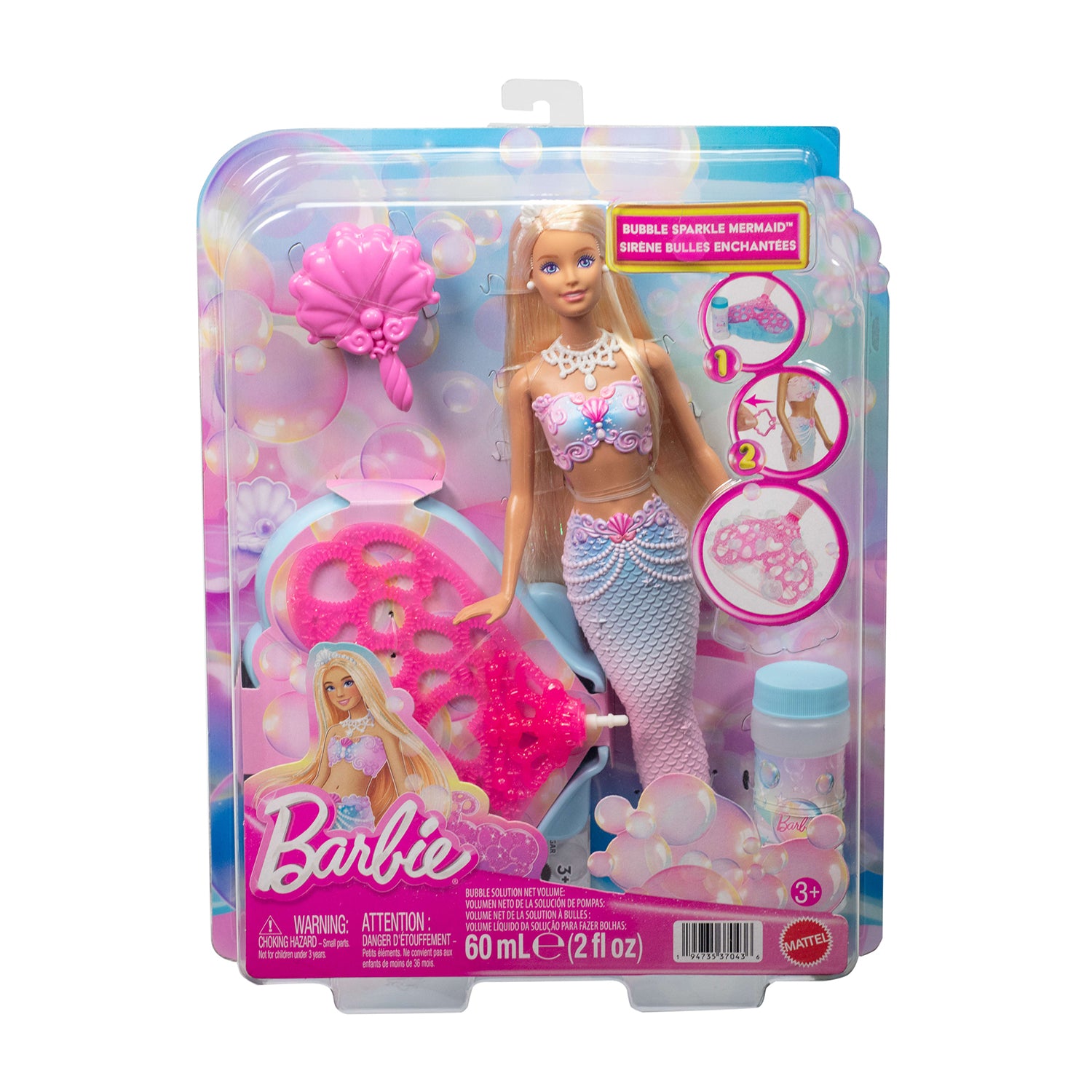 MATTEL - Barbie Sirenetta Bolle di Sapone con Funzione per Creare Bolle - Include Soluzione per Bolle e Spazzola