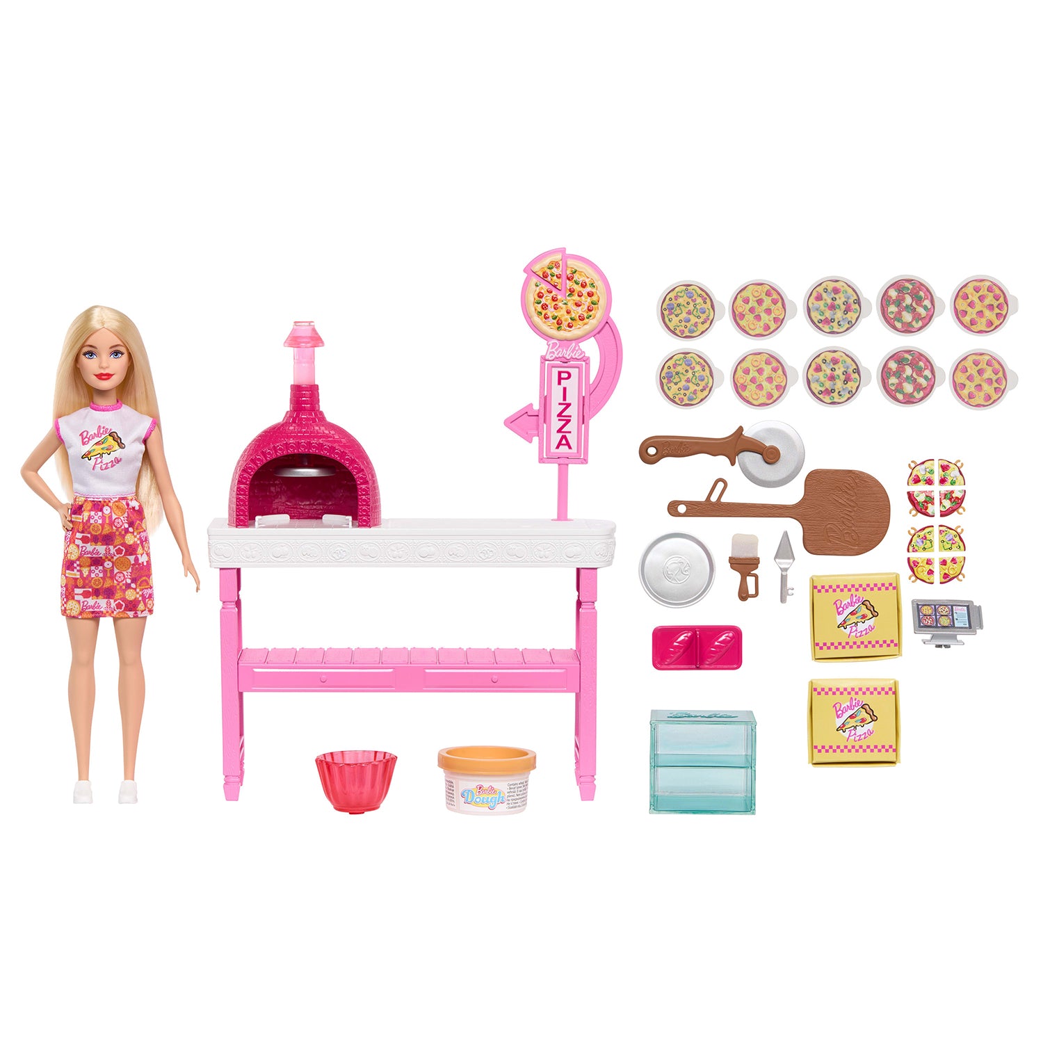 MATTEL - Barbie Dream Land Pizza Shop Playset Pizzeria con Bambola, Pasta Modellabile e 25 Accessori