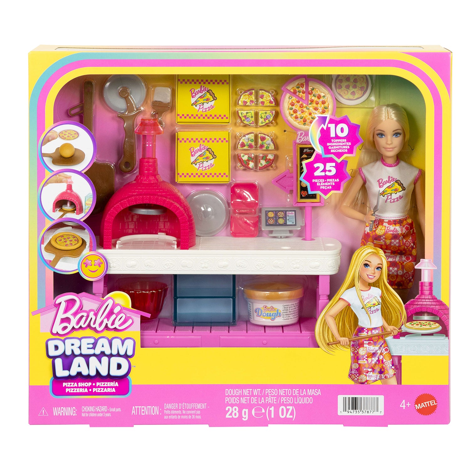 MATTEL - Barbie Dream Land Pizza Shop Playset Pizzeria con Bambola, Pasta Modellabile e 25 Accessori