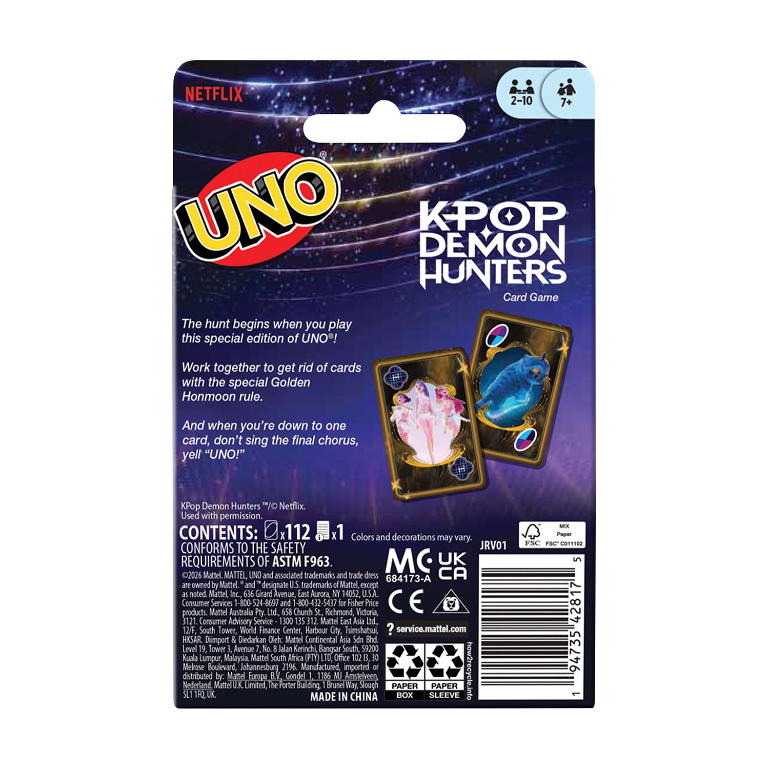 MATTEL - UNO K-Pop Demon Hunters Gioco di Carte con Regola Speciale Golden Honmoon, 2-10 Giocatori, 7+ Anni