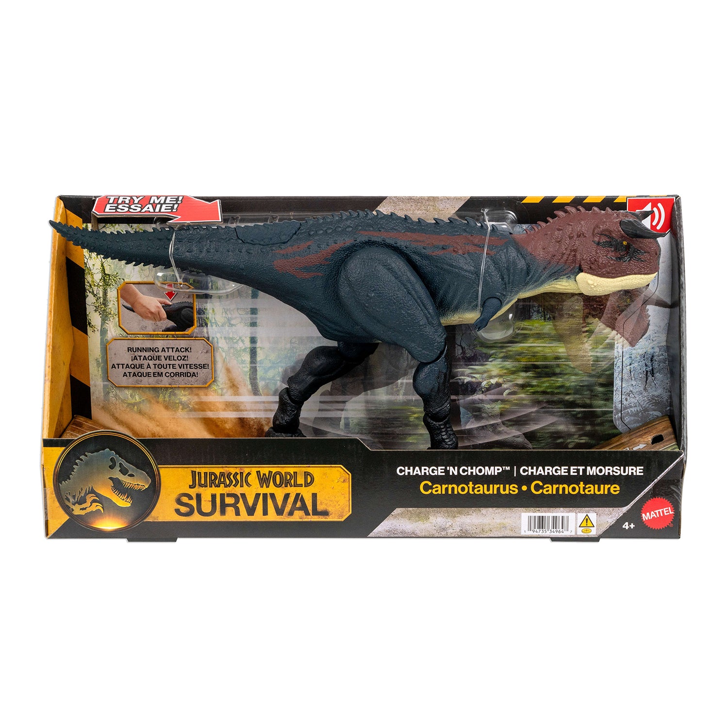 MATTEL - Jurassic World Survival Carnotaurus Charge ’N Chomp 4+ Anni - Dinosauro con Azione Carica e Morso