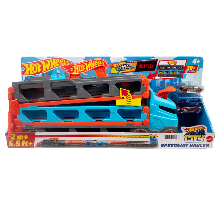 MATTEL - Hot Wheels Camion 2in1 trasportatore e pista con 3 macchinine