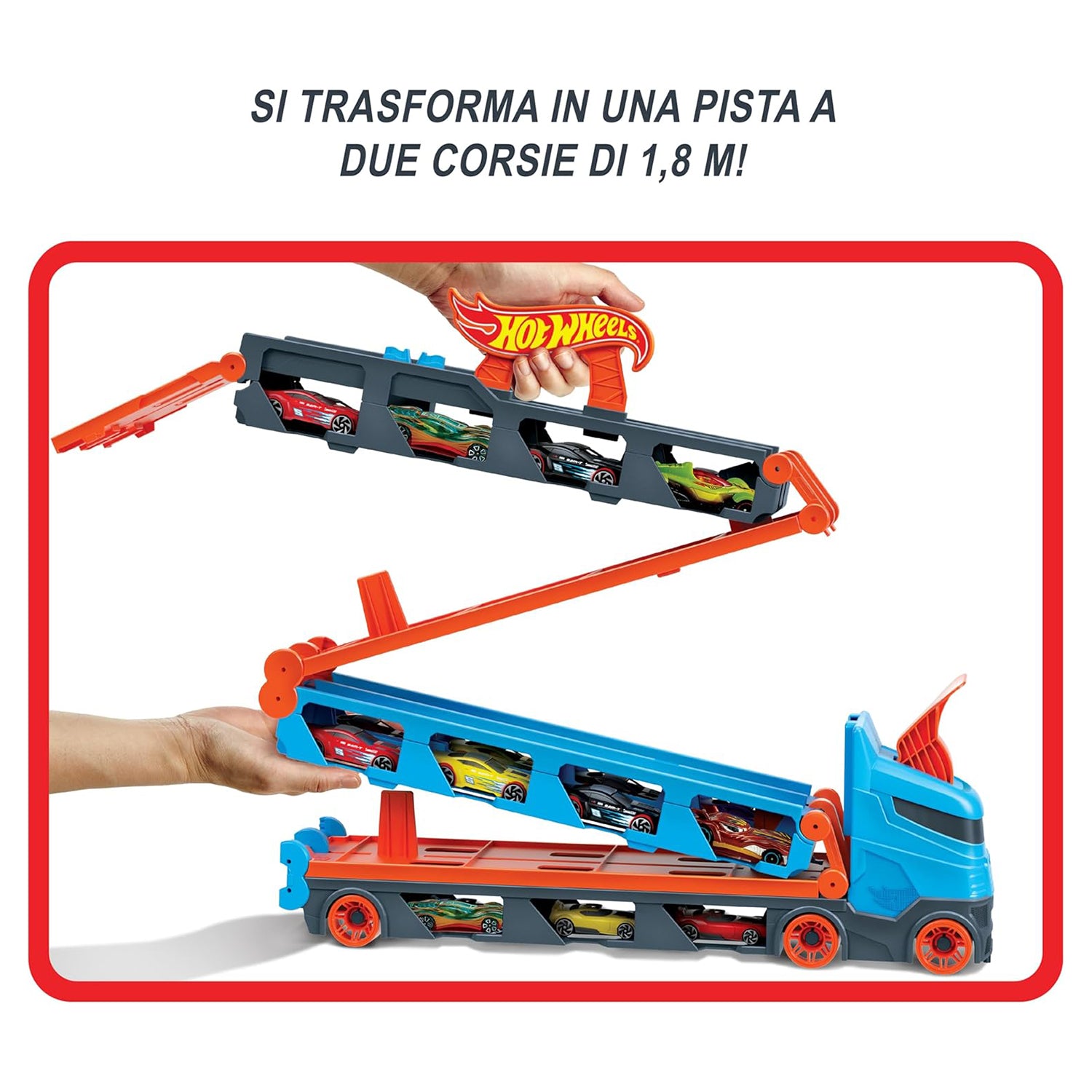 MATTEL - Hot Wheels Camion 2in1 trasportatore e pista con 3 macchinine
