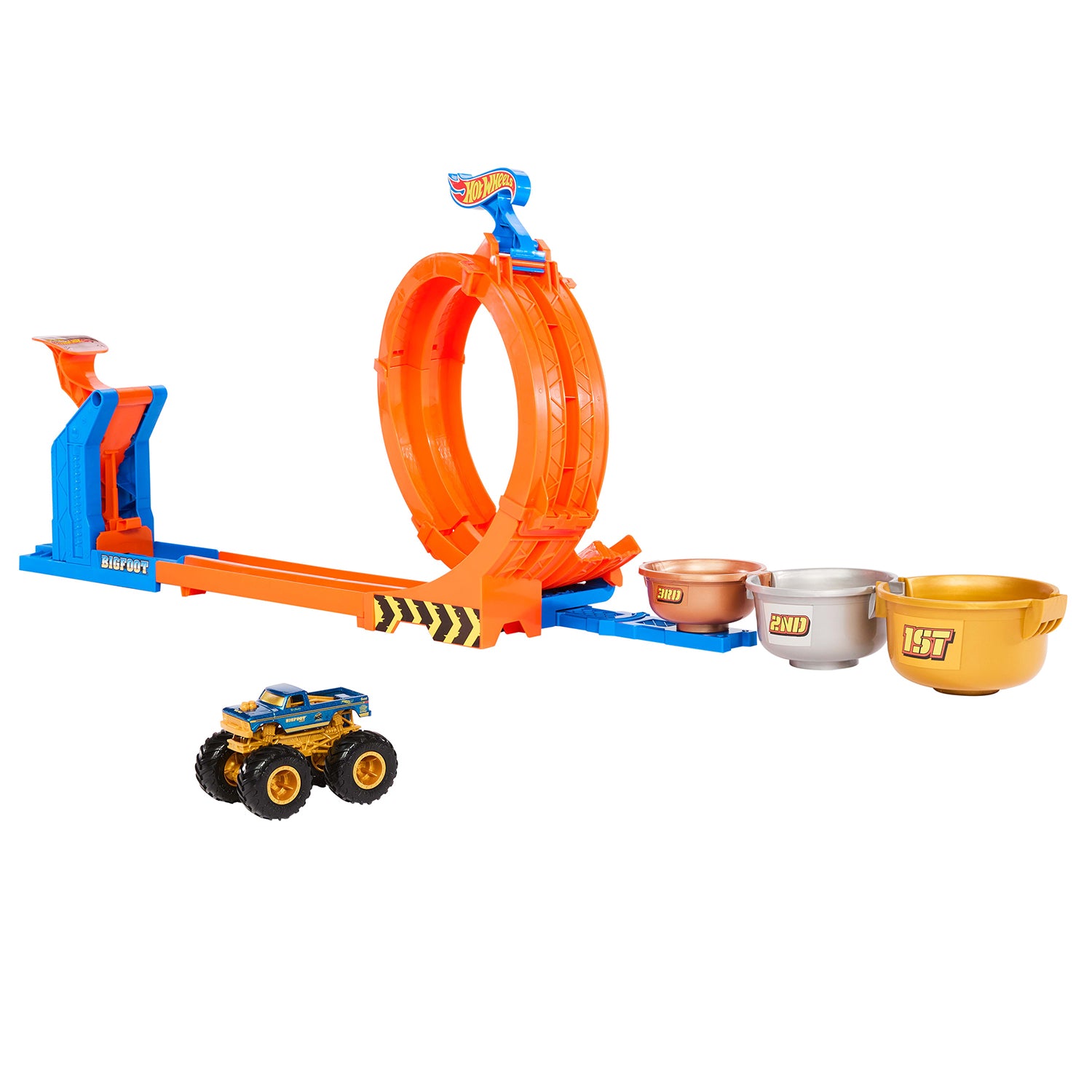 MATTEL - Hot Wheels Monster Trucks Sfida Trofeo Gira e Capovolgi 2 in 1 con Bigfoot 50° Anniversario 4+ Anni
