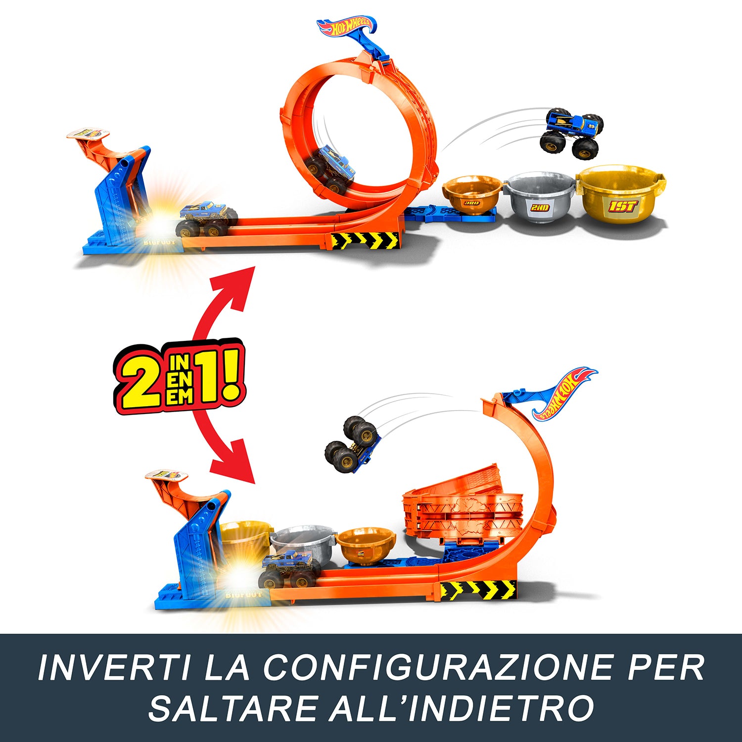 MATTEL - Hot Wheels Monster Trucks Sfida Trofeo Gira e Capovolgi 2 in 1 con Bigfoot 50° Anniversario 4+ Anni