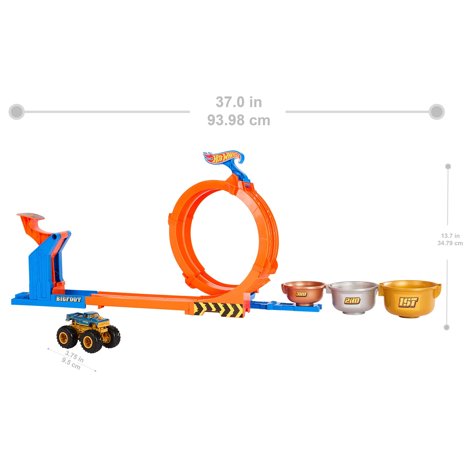 MATTEL - Hot Wheels Monster Trucks Sfida Trofeo Gira e Capovolgi 2 in 1 con Bigfoot 50° Anniversario 4+ Anni