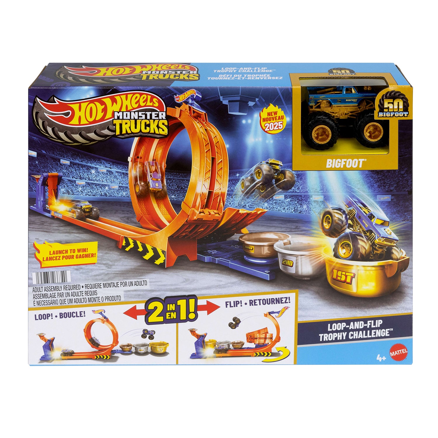 MATTEL - Hot Wheels Monster Trucks Sfida Trofeo Gira e Capovolgi 2 in 1 con Bigfoot 50° Anniversario 4+ Anni