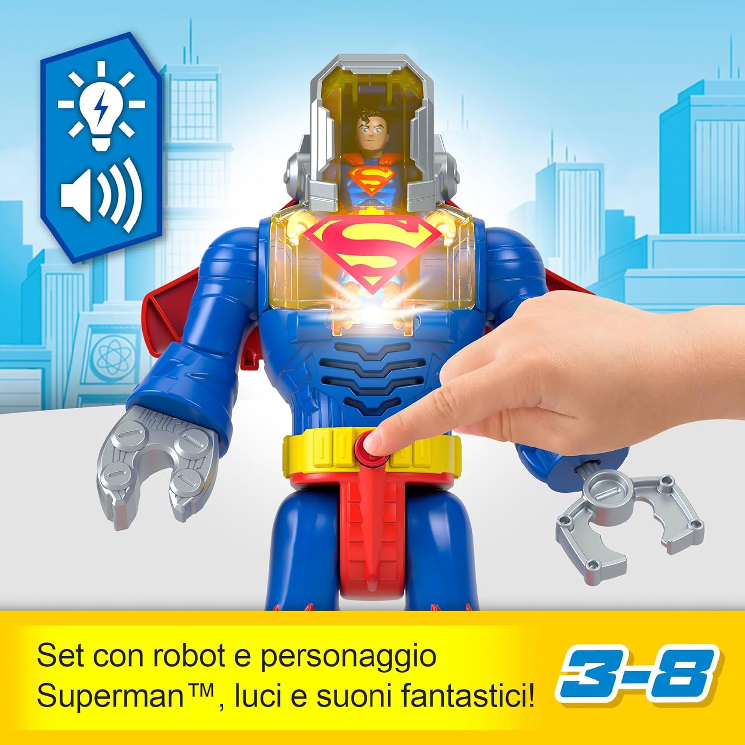 FISHER PRICE - Imaginext DC Super Friends Superman Insider e Corazza, Robot con luci e suoni, 6 pezzi