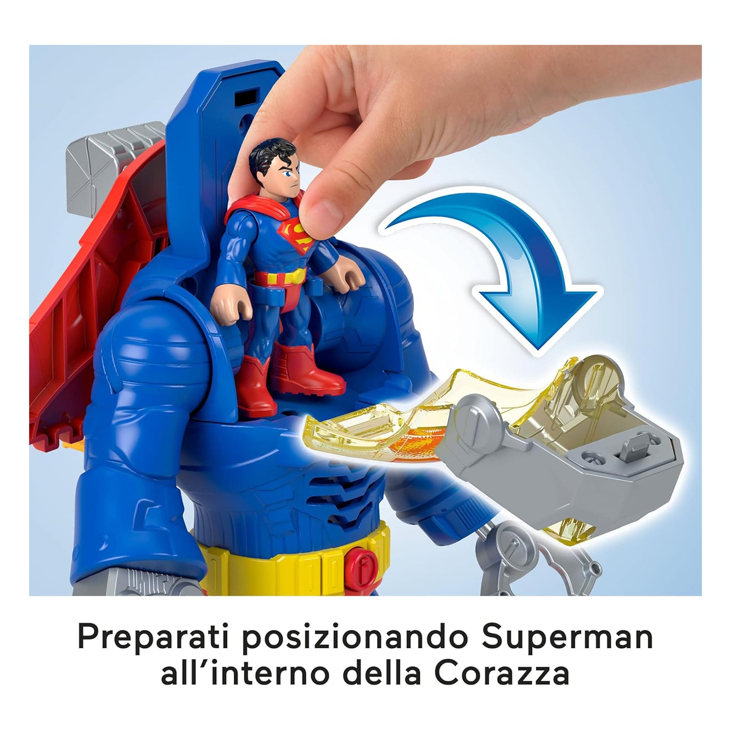 FISHER PRICE - Imaginext DC Super Friends Superman Insider e Corazza, Robot con luci e suoni, 6 pezzi