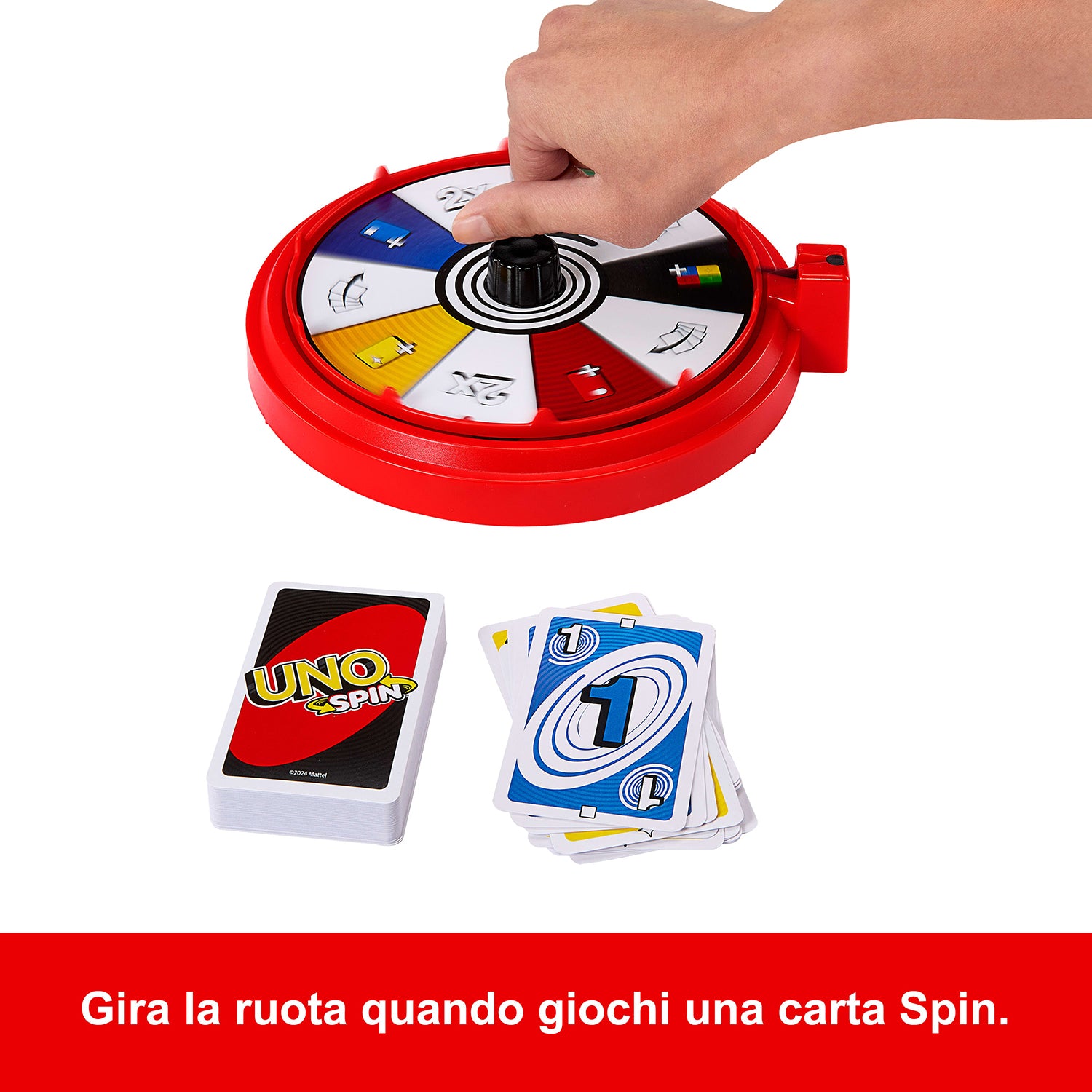 MATTEL - UNO Spin Gioco di Carte con Ruota Girevole, 112 Carte, 2-10 Giocatori, 7+ Anni