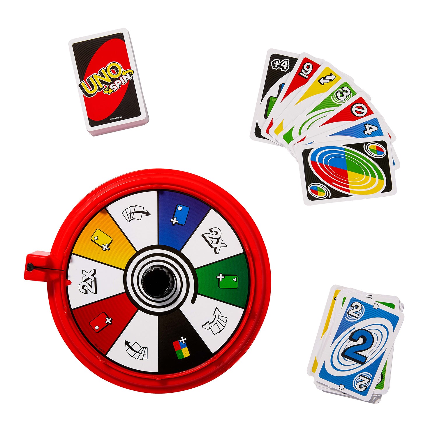 MATTEL - UNO Spin Gioco di Carte con Ruota Girevole, 112 Carte, 2-10 Giocatori, 7+ Anni