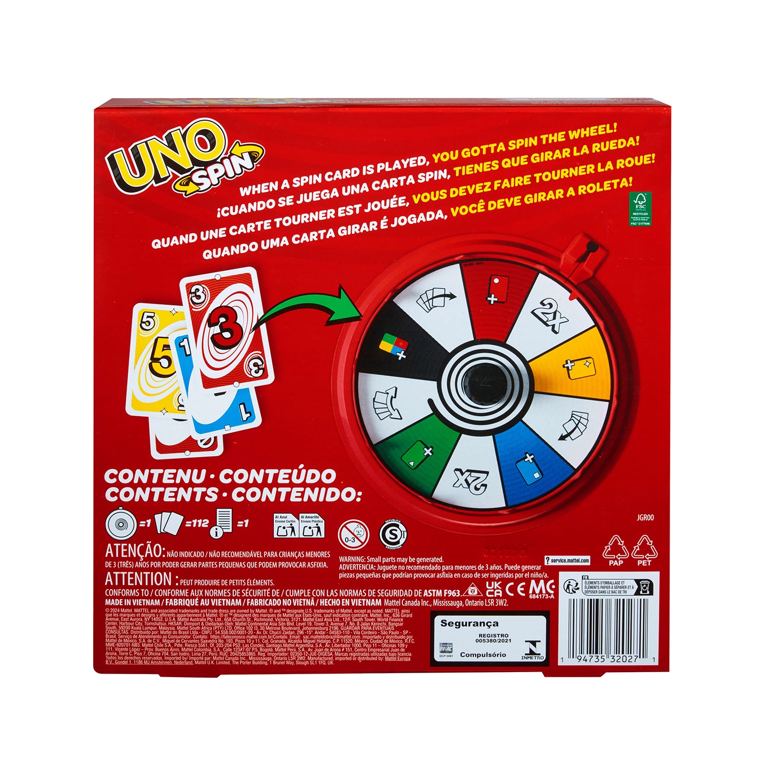 MATTEL - UNO Spin Gioco di Carte con Ruota Girevole, 112 Carte, 2-10 Giocatori, 7+ Anni