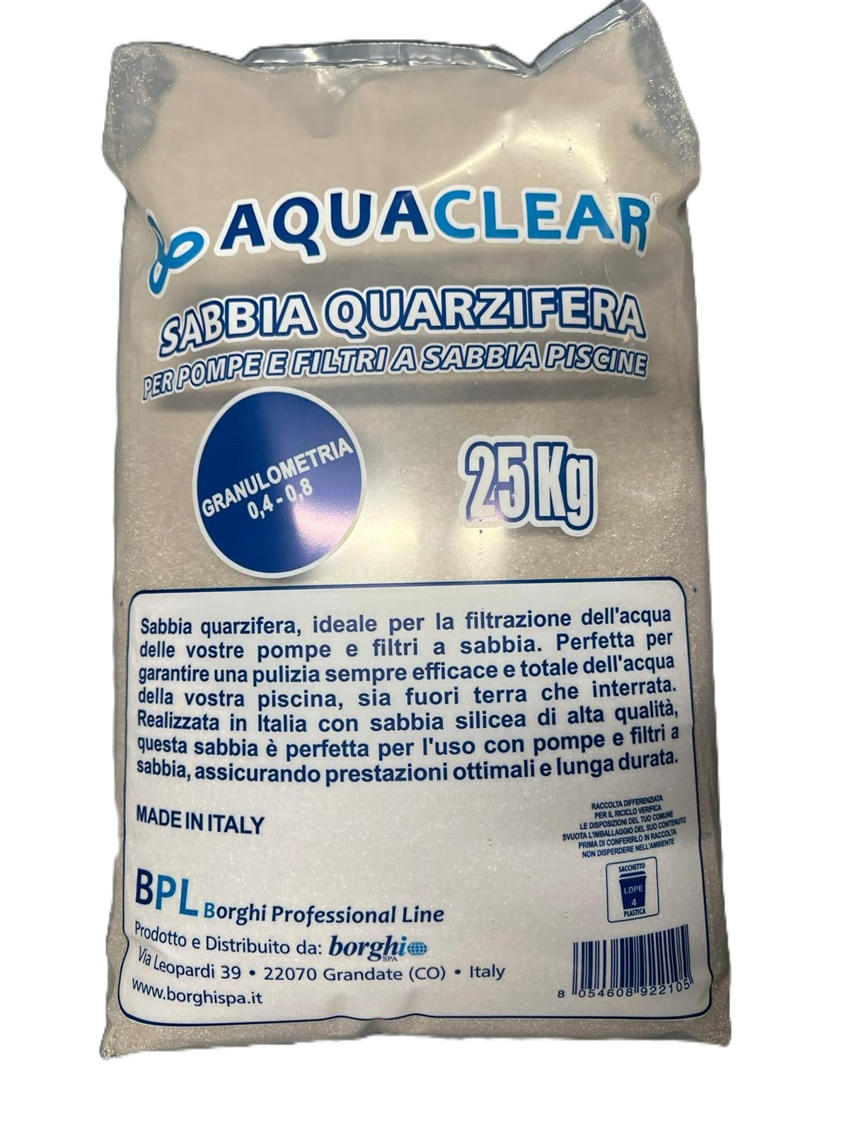 AQUACLEAR - Sabbia Quarzifera 25 kg Granulometria 0,4–0,8 mm - Per Pompe e Filtri a Sabbia Piscine