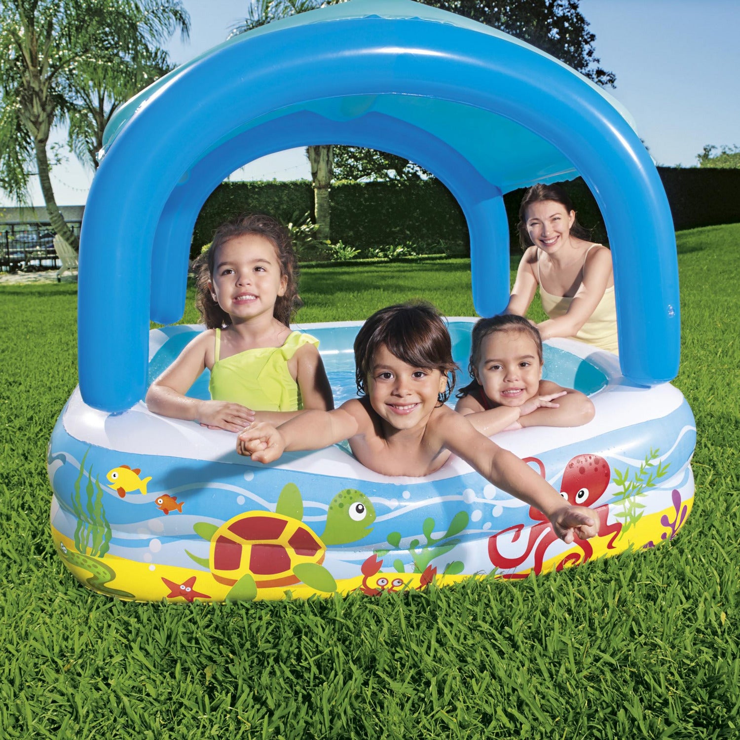 BESTWAY - Piscina per Bambini Pesci Tropicali con tetto di protezione solare - h114x140x140 cm