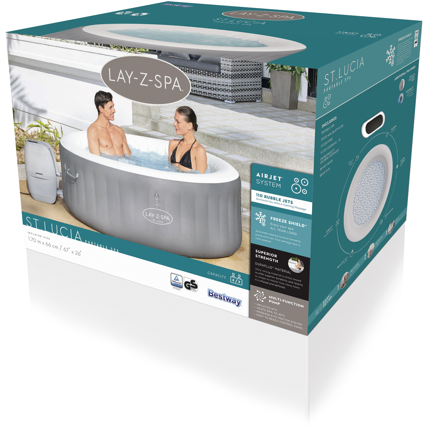 BESTWAY - Vasca Idromassaggio Lay-Z Spa fino a 3 posti colore grigio argento - altezza 66cm diametro 170cm