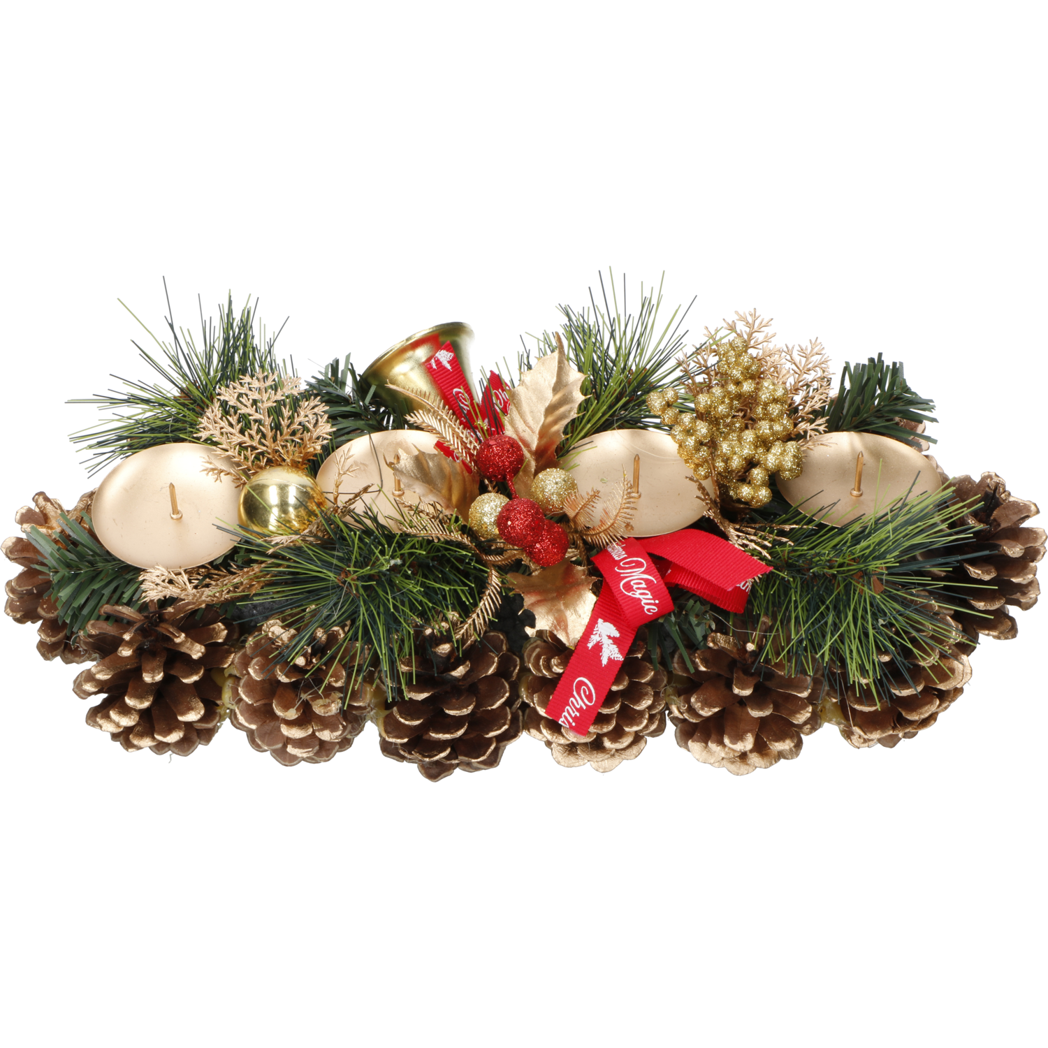 VESTIAMO CASA GRAN NATALE - Portacandela Natalizio 4 Posti con Pigne h9,5x33 cm