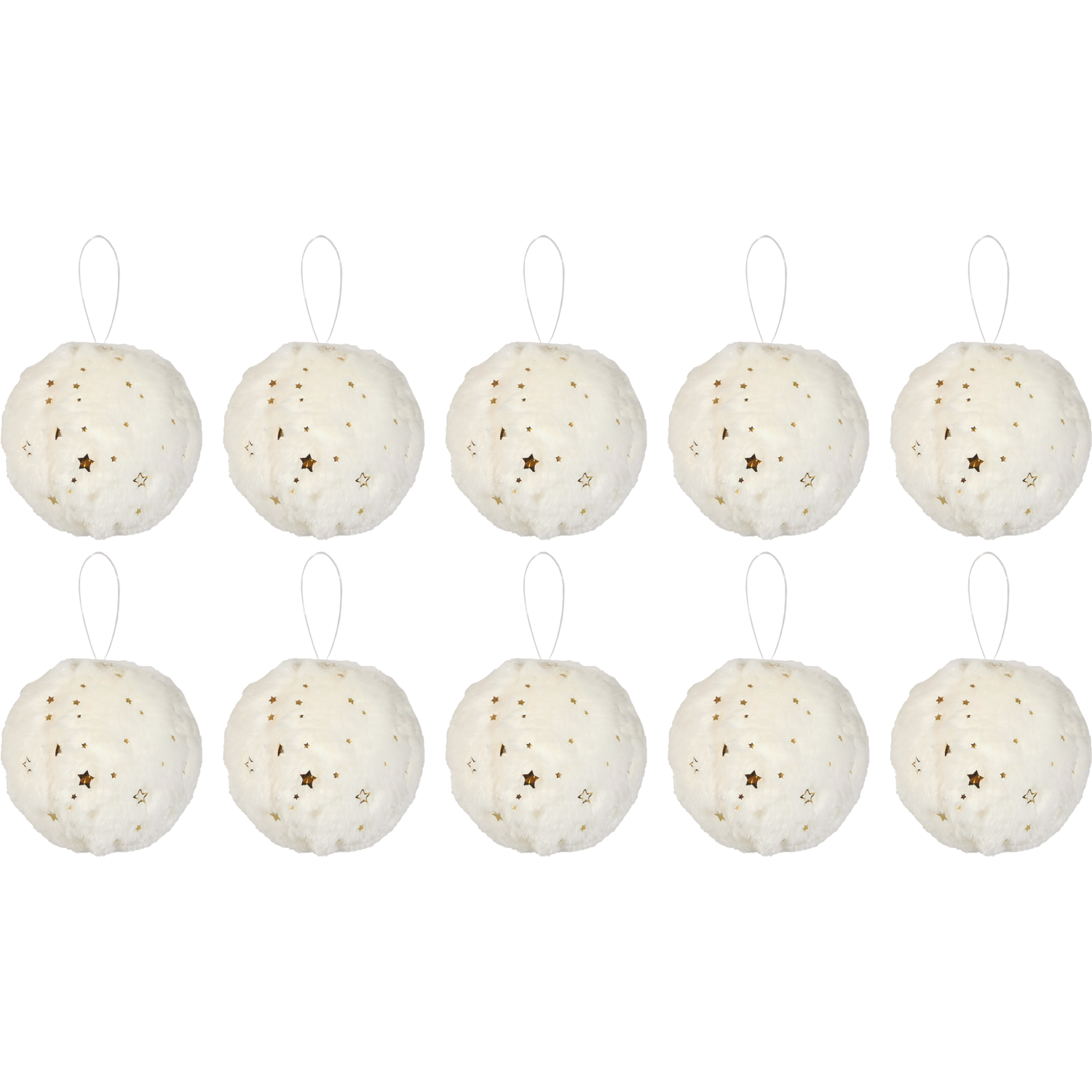 VESTIAMO CASA GRAN NATALE - Palle di Natale Effetto Peluche Bianco con Stelle diametro 6 cm - set 10 pezzi