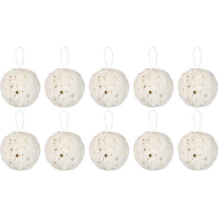 VESTIAMO CASA GRAN NATALE - Palle di Natale Effetto Peluche Bianco con Stelle diametro 6 cm - set 10 pezzi