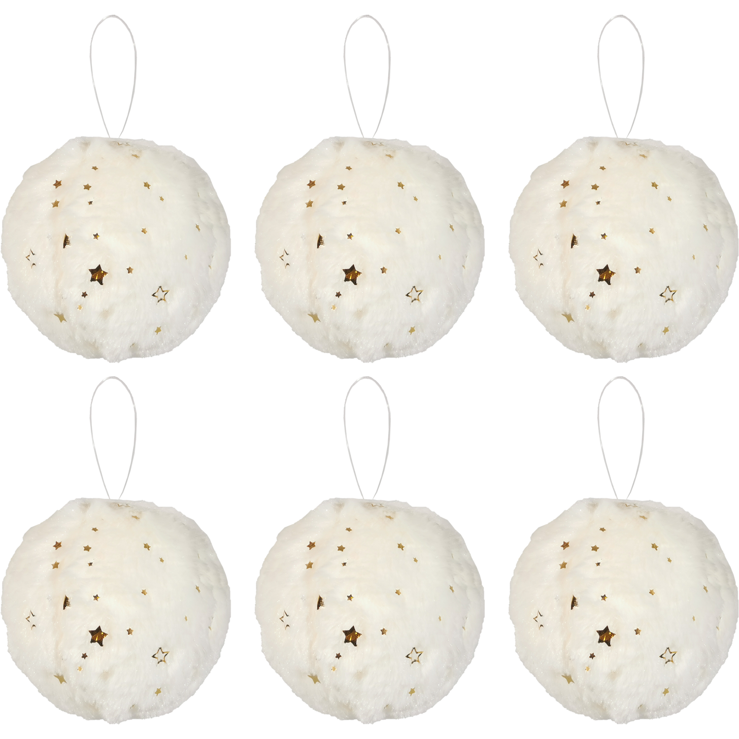 VESTIAMO CASA GRAN NATALE - Palle di Natale Effetto Peluche Bianco con Stelle diametro 8 cm - set 6 pezzi