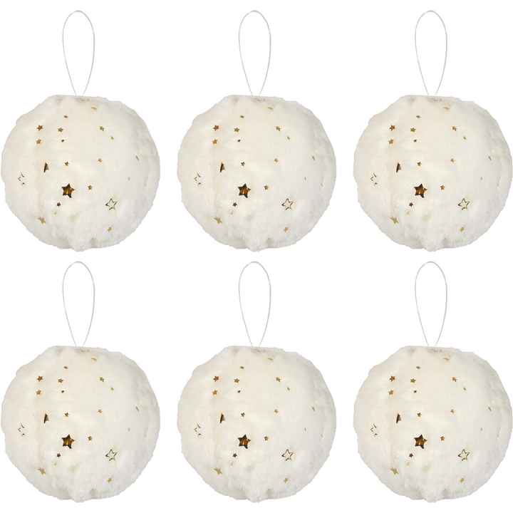 VESTIAMO CASA GRAN NATALE - Palle di Natale Effetto Peluche Bianco con Stelle diametro 8 cm - set 6 pezzi