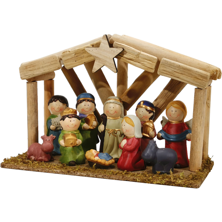 VESTIAMO CASA GRAN NATALE - Statue natività su base con capanna h22cm set 10 pezzi - Decorazione natalizia