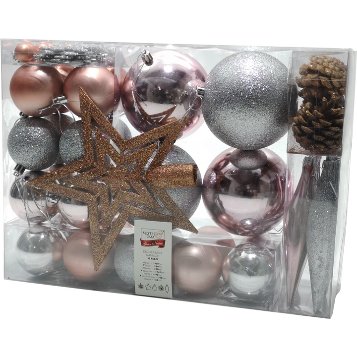 VESTIAMO CASA GRAN NATALE - Palle di Natale silver e rosa con decorazioni natalizie - set 53 pezzi