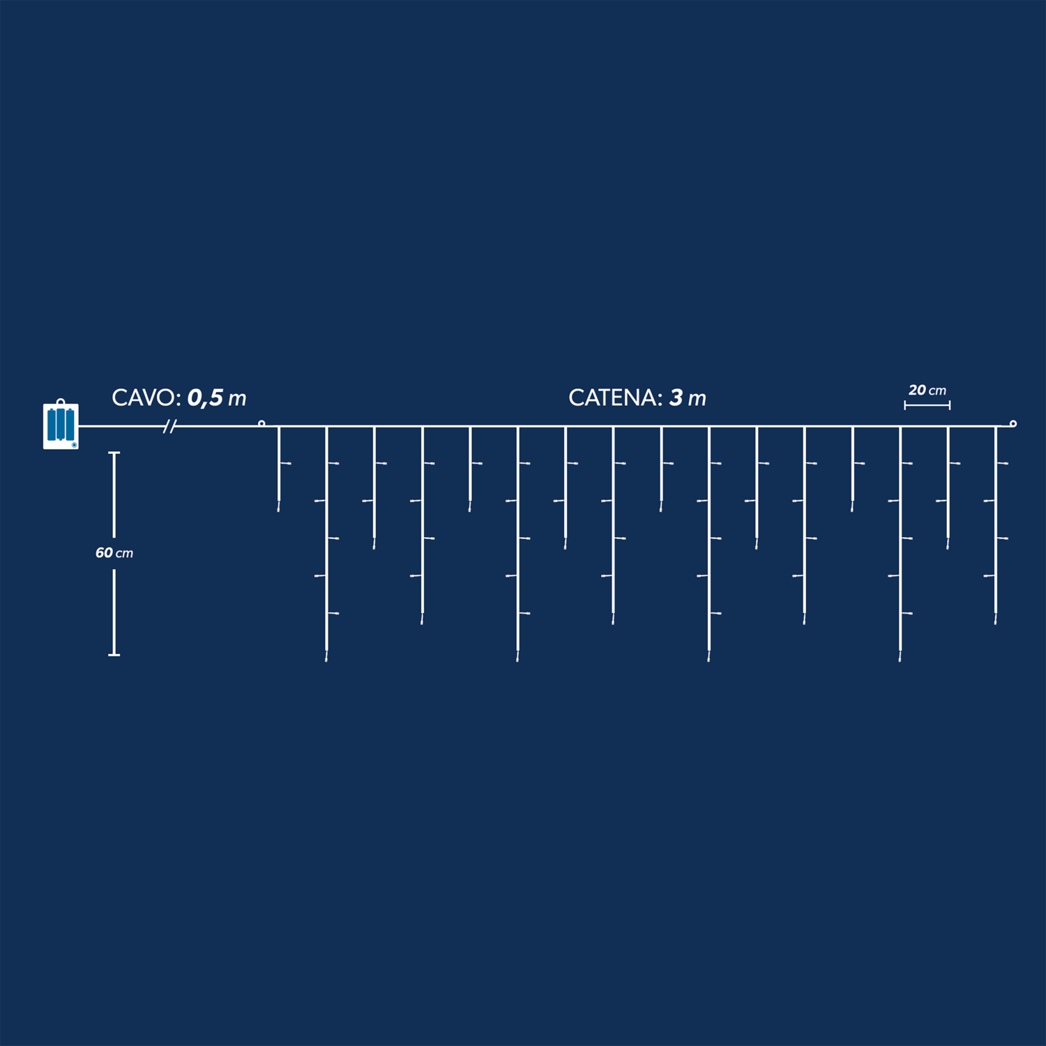DICTROLUX - Tenda Luminosa a batteria 64 Led Bianco Freddo Ice Light - 3 metri di tenda h60 cm