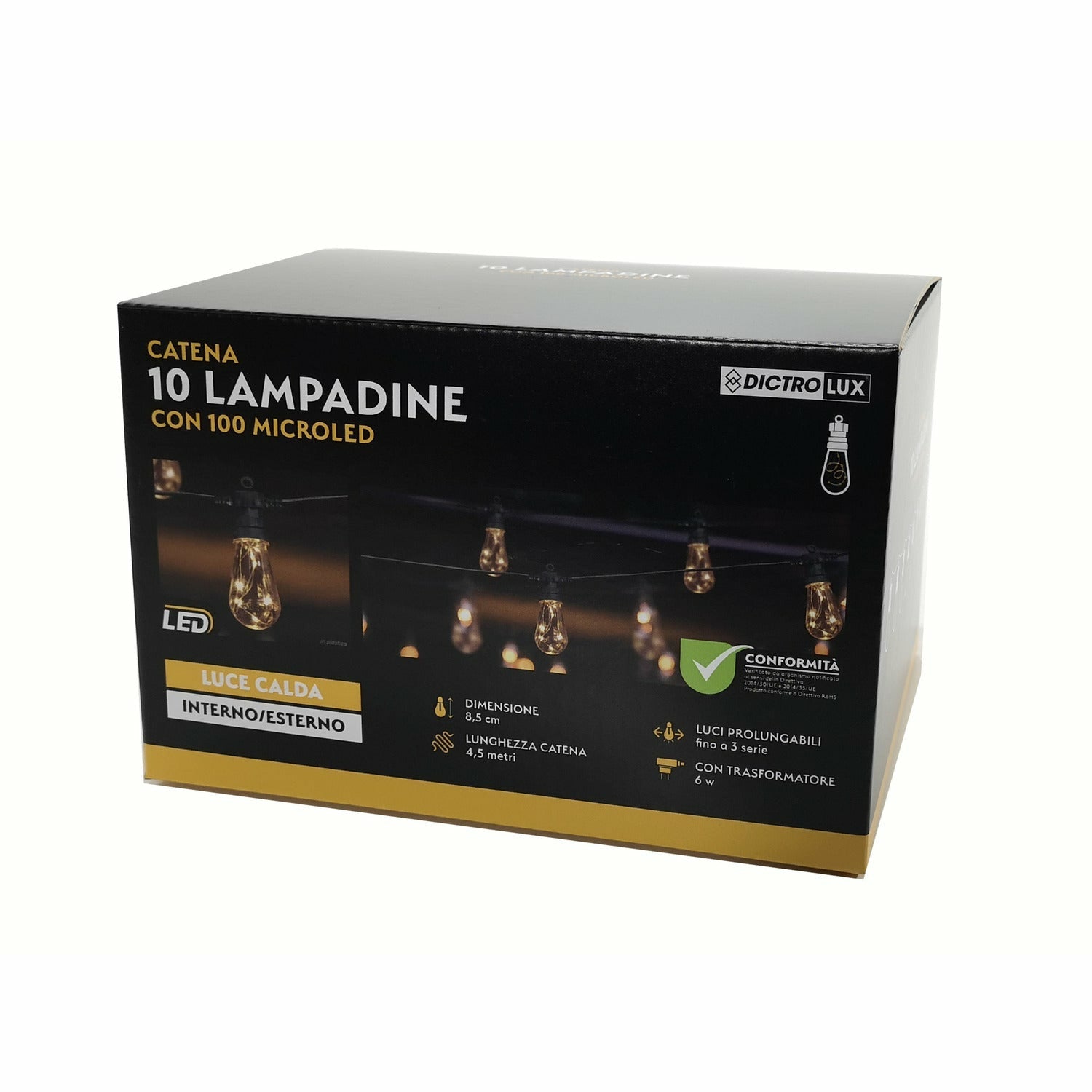 DICTROLUX - Catena Luminosa 10 lampadine con 100 microled da esterno 4,5 metri