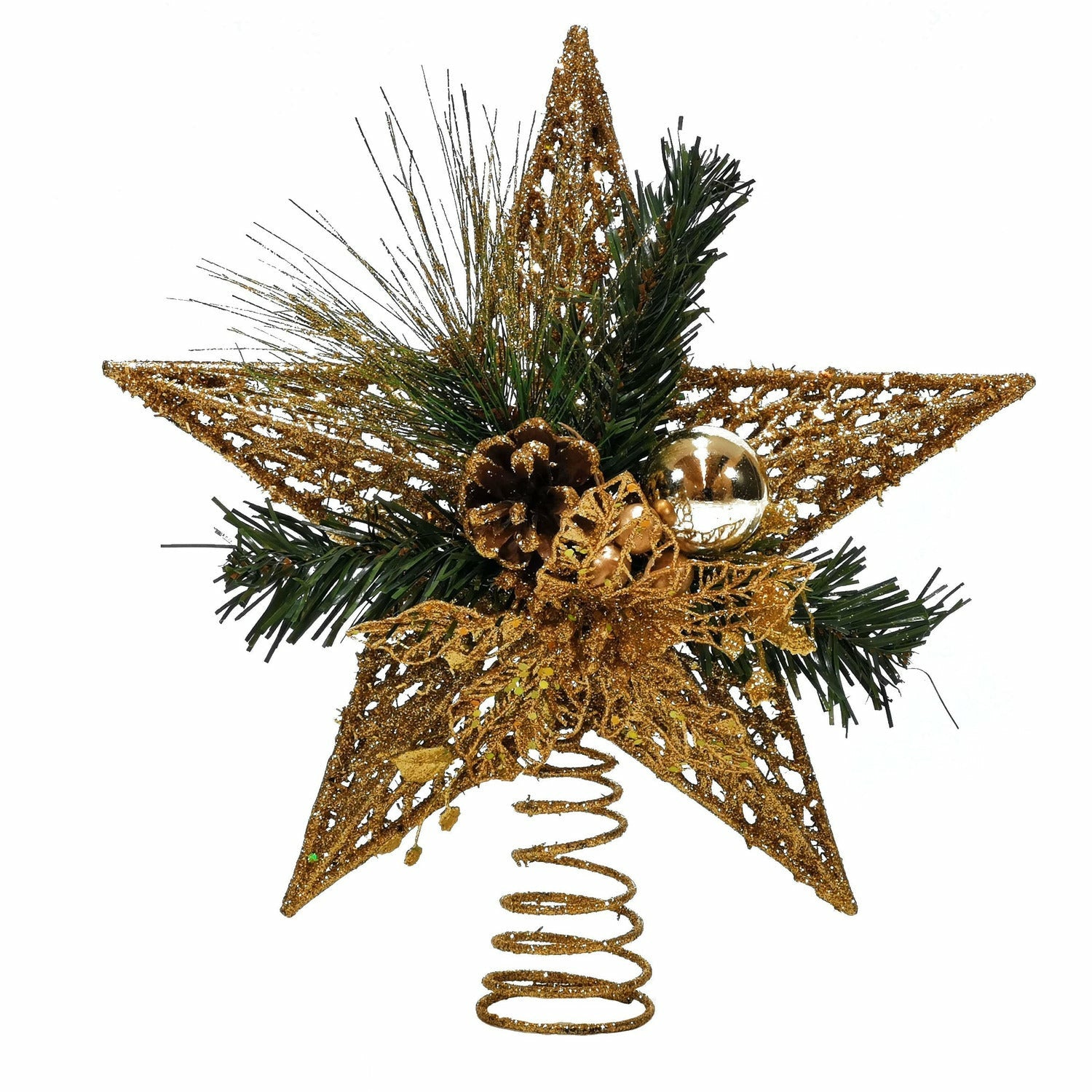 VESTIAMO CASA GRAN NATALE - Puntale Stella Natale Glitter Oro con Pigne h32 cm