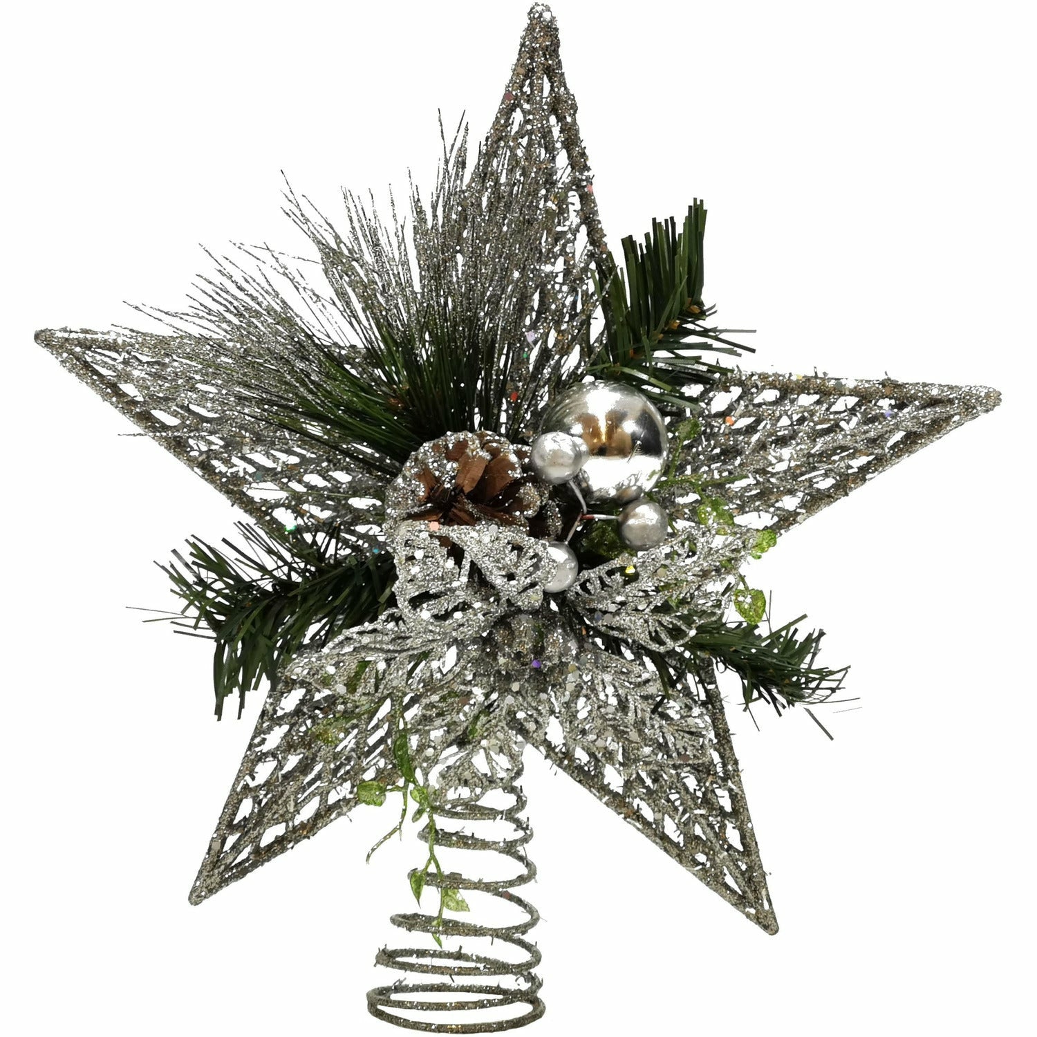 VESTIAMO CASA GRAN NATALE - Puntale Stella Natale Glitter Silver con Pigne h32 cm
