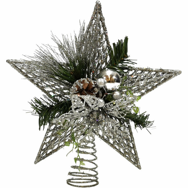 VESTIAMO CASA GRAN NATALE - Puntale Stella Natale Glitter Silver con Pigne h32 cm