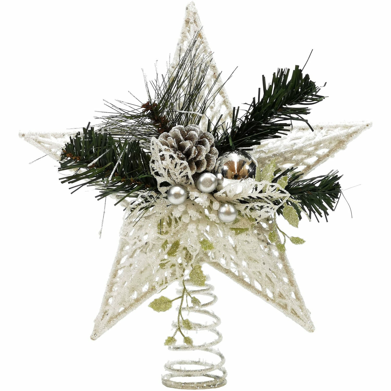 VESTIAMO CASA GRAN NATALE - Puntale Stella Natale Glitter Bianco con Pigne h32 cm