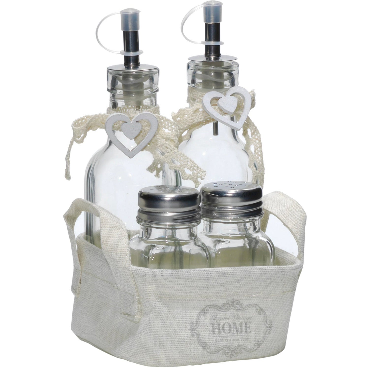GUSTO CASA - Set Menage 4 pezzi Oliera, Sale e Pepe in vetro con cestino shabby chic