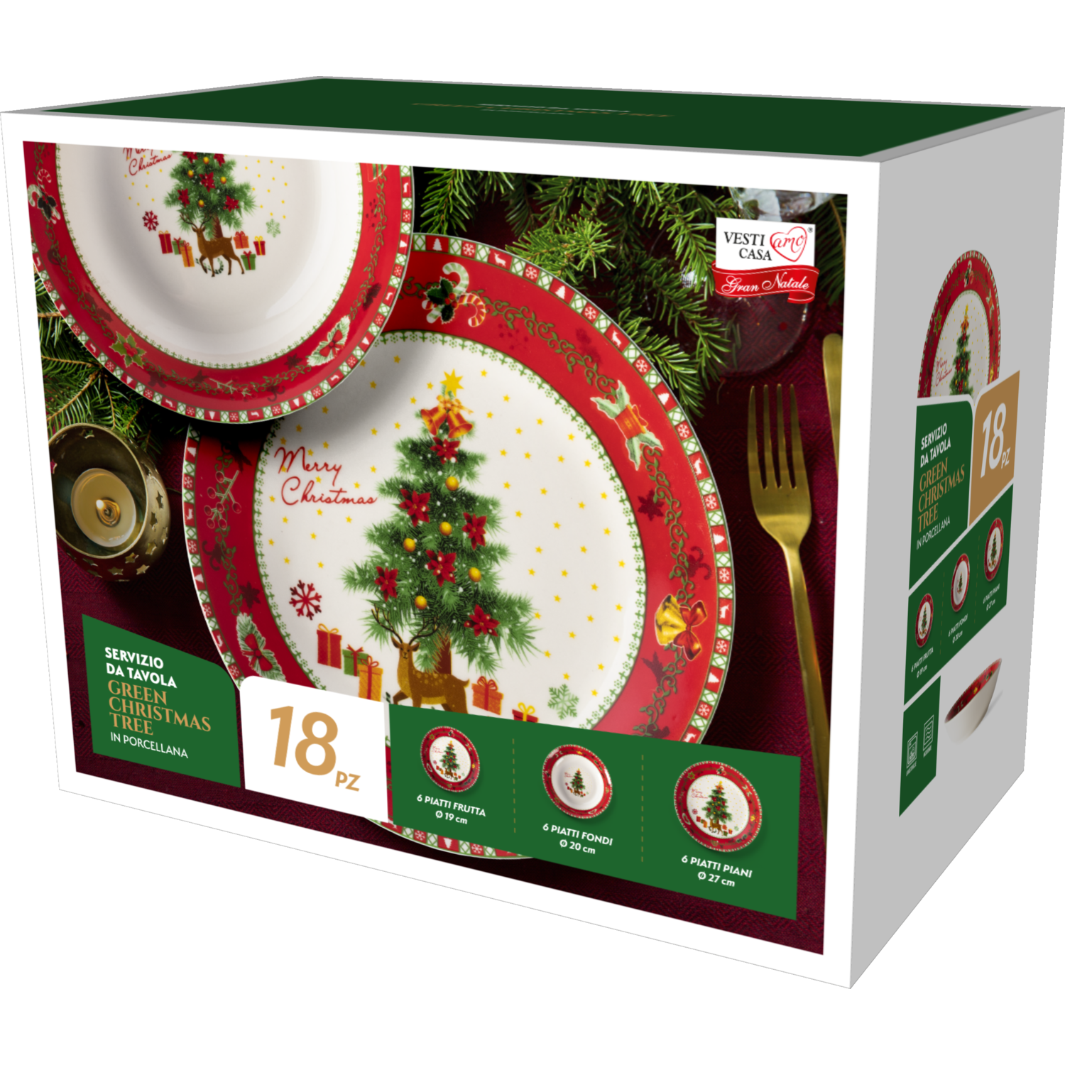 VESTIAMO CASA GRAN NATALE - Servizio di piatti Green Christmas Tree in porcellana 18 pezzi